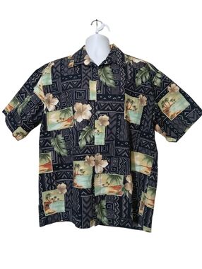 Campia Men XL Hawaiian Camp Shirt Tropical Black Tiki Short Sleeves Cotton